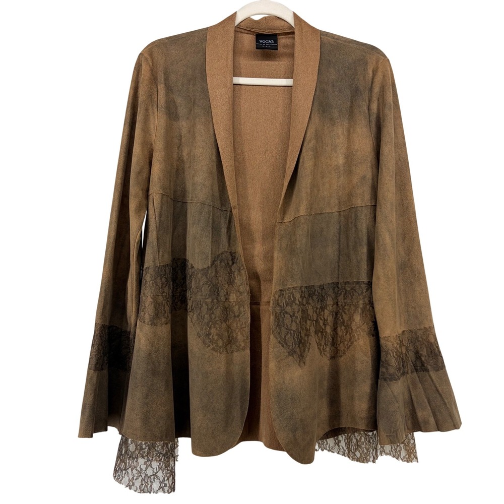 Vocal Women Open Front Cardigan Brown Faux Suede Lace Trim Bell Sleeve Boho Chic